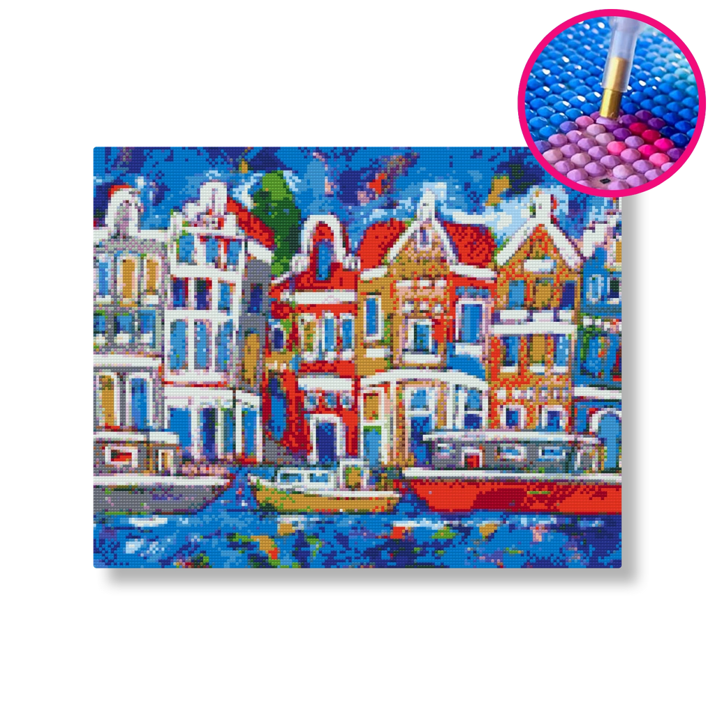 Bootjes in de gracht | Diamond painting | Vrolijk Schilderij | Schilderen op nummer | Diamond painting | Dot painting