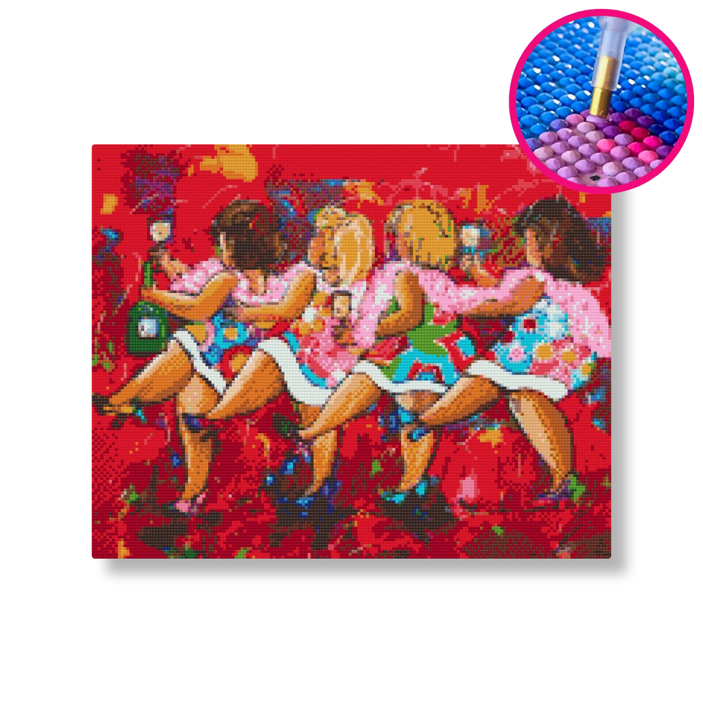 Dansende dikke dames | Diamond painting | Vrolijk Schilderij | Schilderen op nummer | Diamond painting | Dot painting