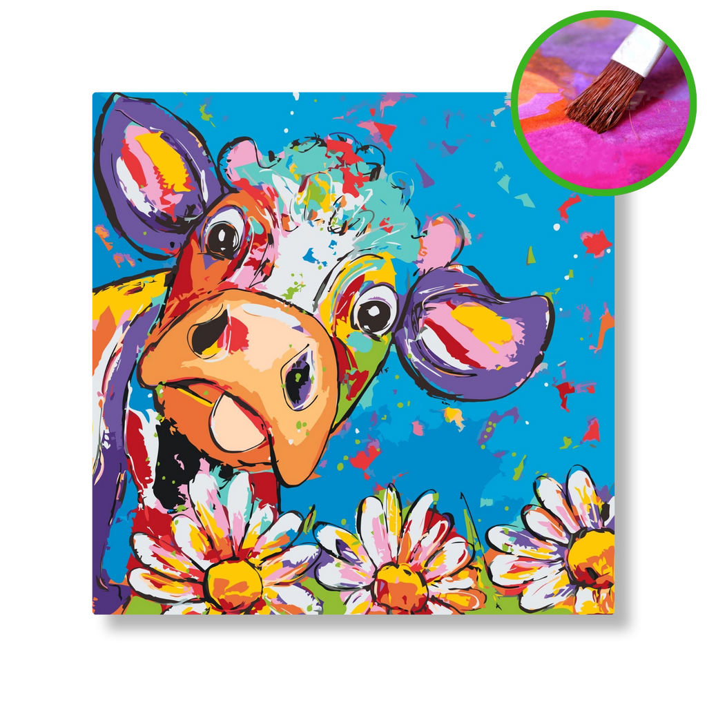 Gekke koe en bloemen | Schilderen op nummer | Vrolijk Schilderij | Schilderen op nummer | Diamond painting | Dot painting