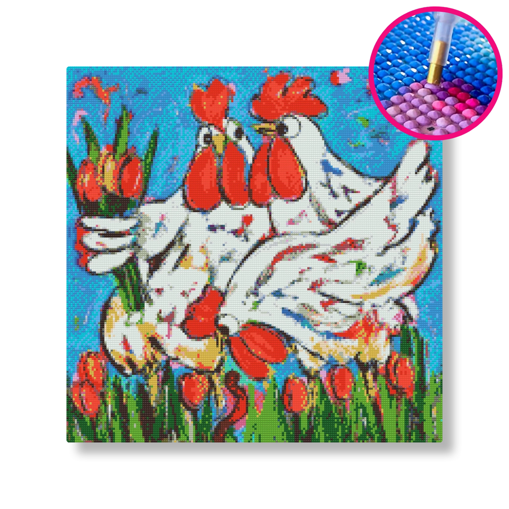 Kippen plukken tulpen | Diamond painting | Vrolijk Schilderij | Schilderen op nummer | Diamond painting | Dot painting