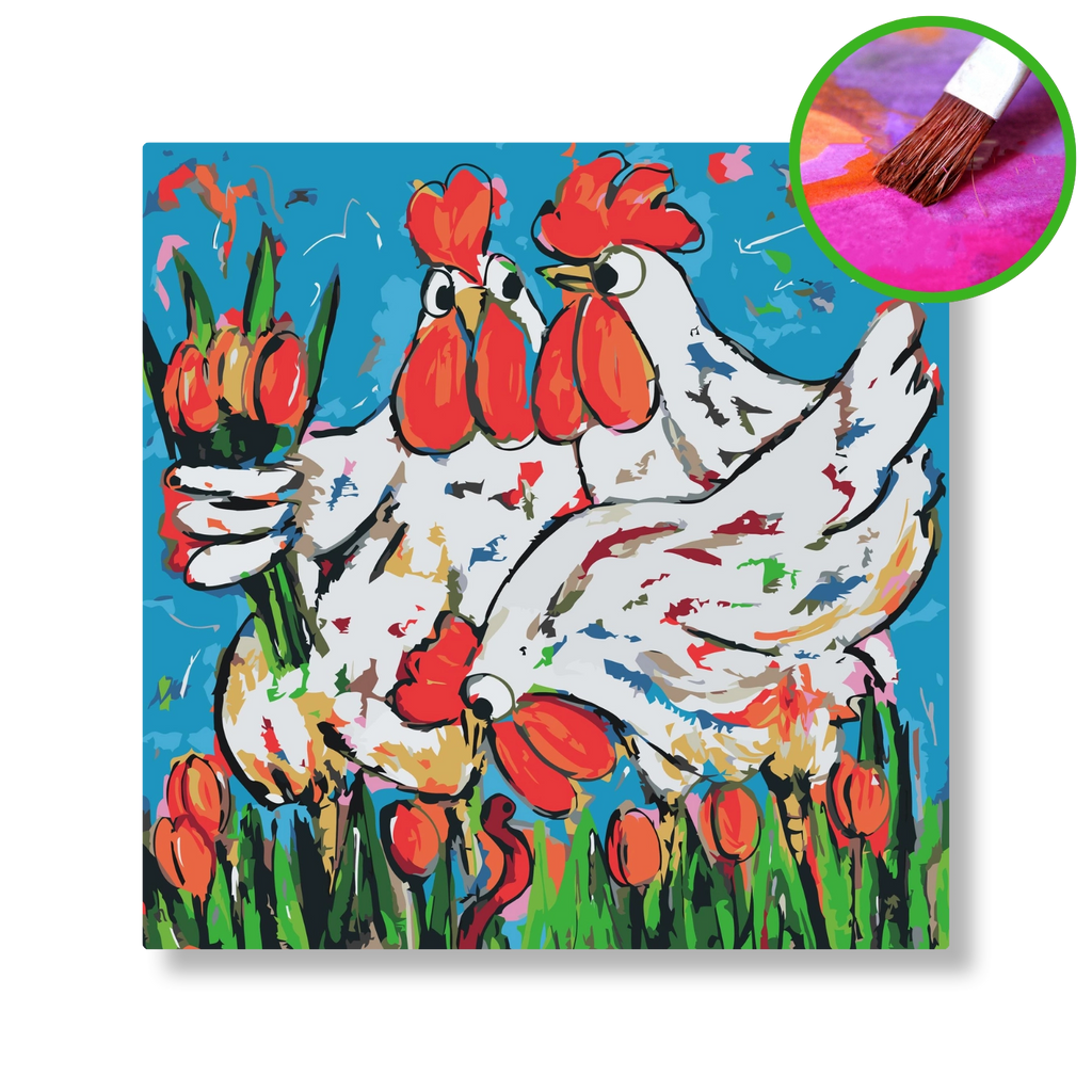 Kippen plukken tulpen | Schilderen op nummer | Vrolijk Schilderij | Schilderen op nummer | Diamond painting | Dot painting